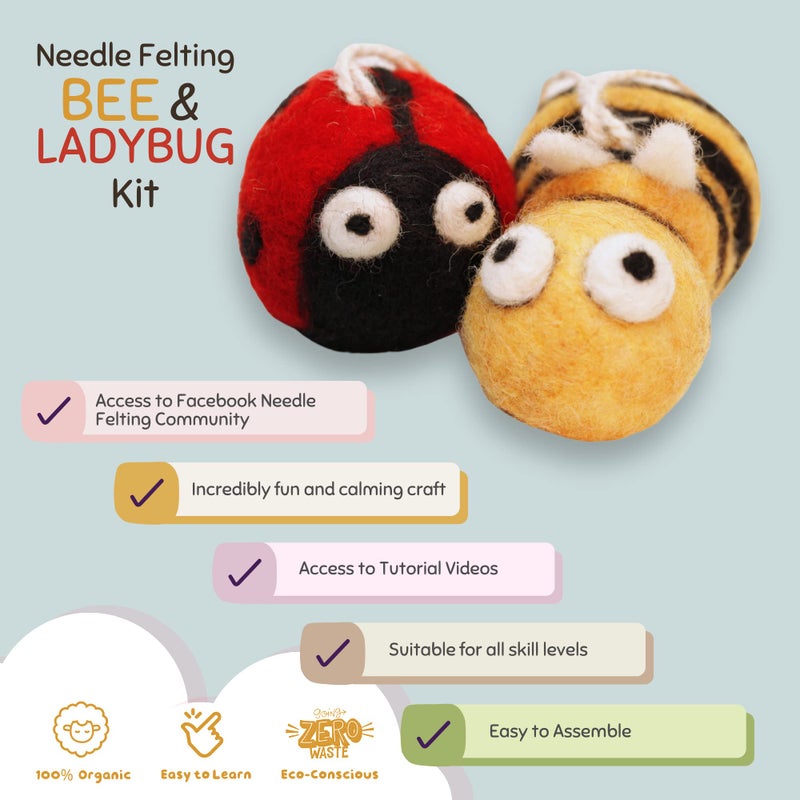 Woolbuddy Needle Felting Kit for Beginners Adults, Bee and Ladybug Animal Craft Set, Includes Materials, Tools, and Instructions for DIY Hobbyists - Image 2